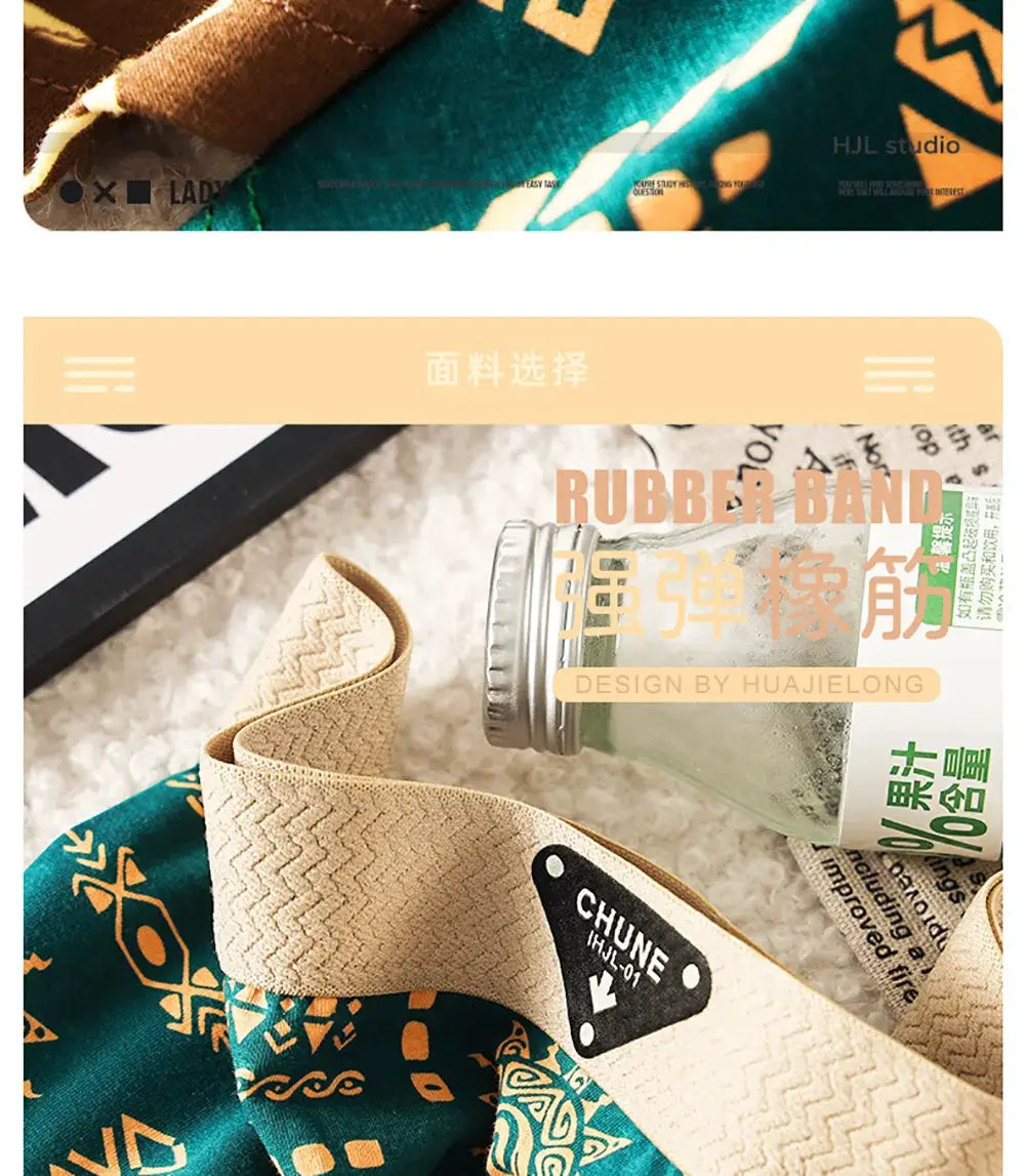 3-pack women's cotton underwear with vintage print, beige elastic waistband and teal patterned fabric