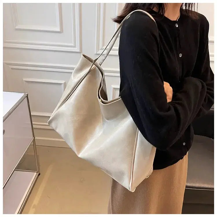 Women tote bag in soft metallic beige PU leather with large capacity, shoulder bag