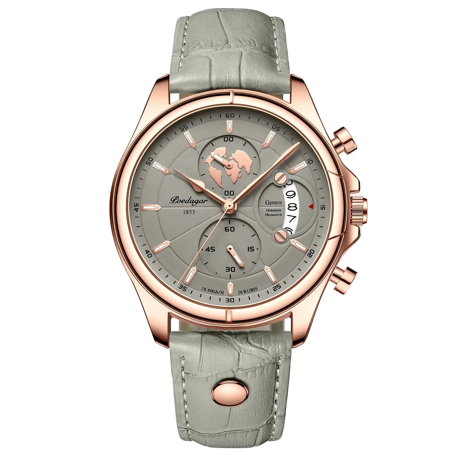 POEDAGAR luxury men's wristwatch with rose-gold case grey dial chronograph leather strap