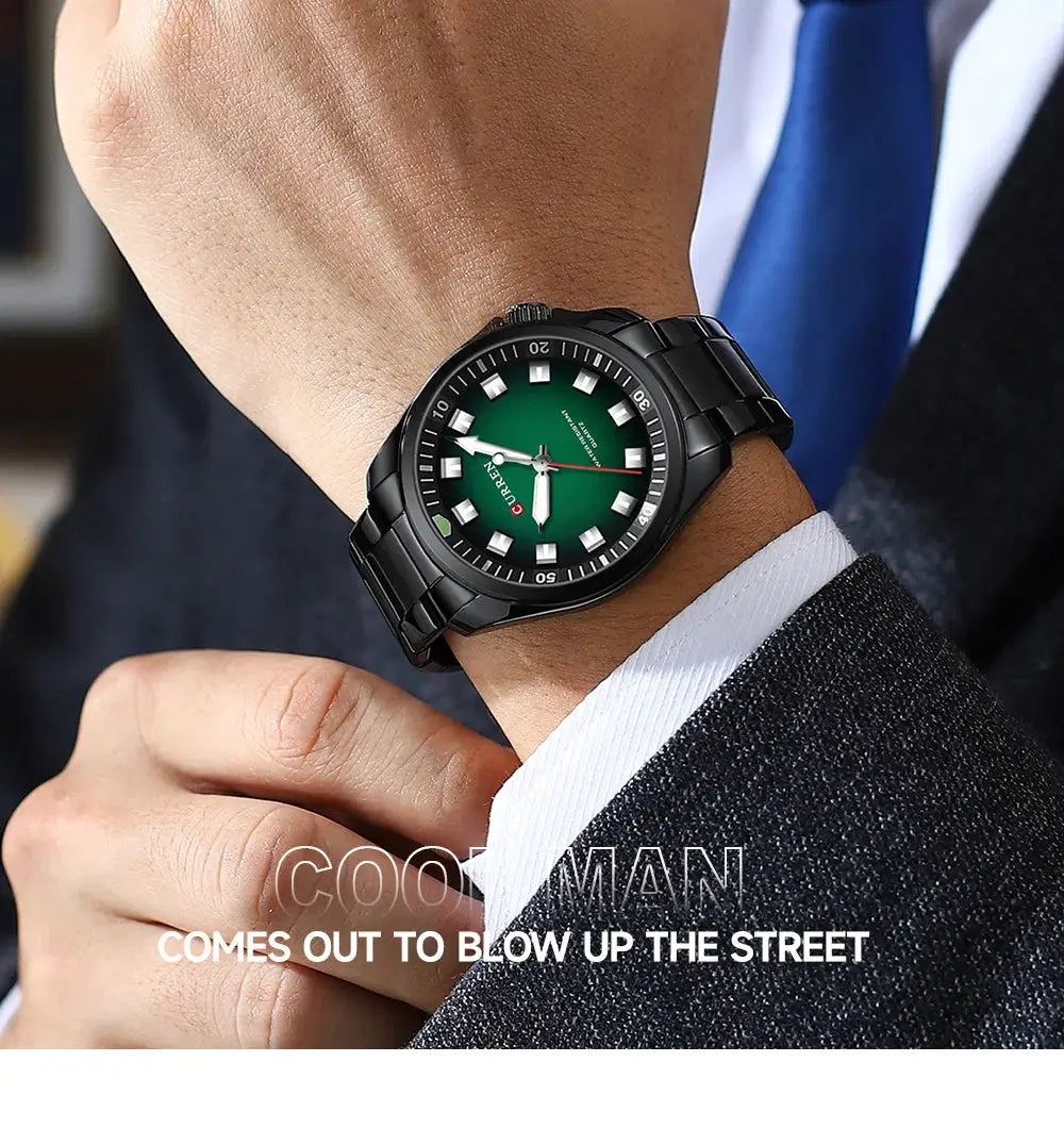 CURREN men's wristwatch with green dial, black stainless steel band, automatic date