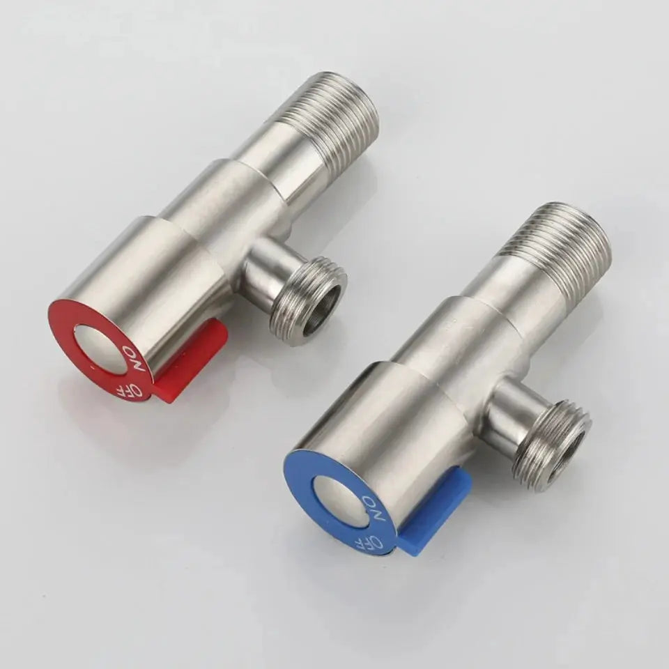 Stainless steel two-way angle valves with G1/2 threads, red and blue lever handles, bathroom faucet accessories pair