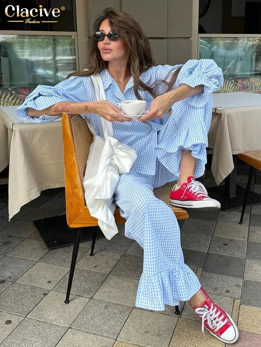 Clacive Plaid Cotton 3 Piece Set Long Sleeve Shirt High Waist Pants