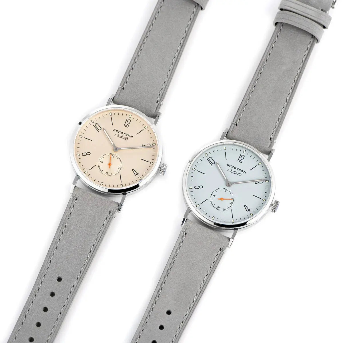SEESTERN men's automatic watches, 2-piece set with grey leather straps and beige and light-blue dials