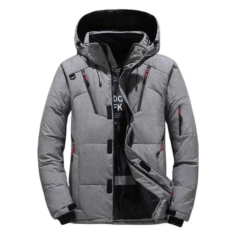Men's gray hooded puffer jacket with warm down fill, windproof design.
