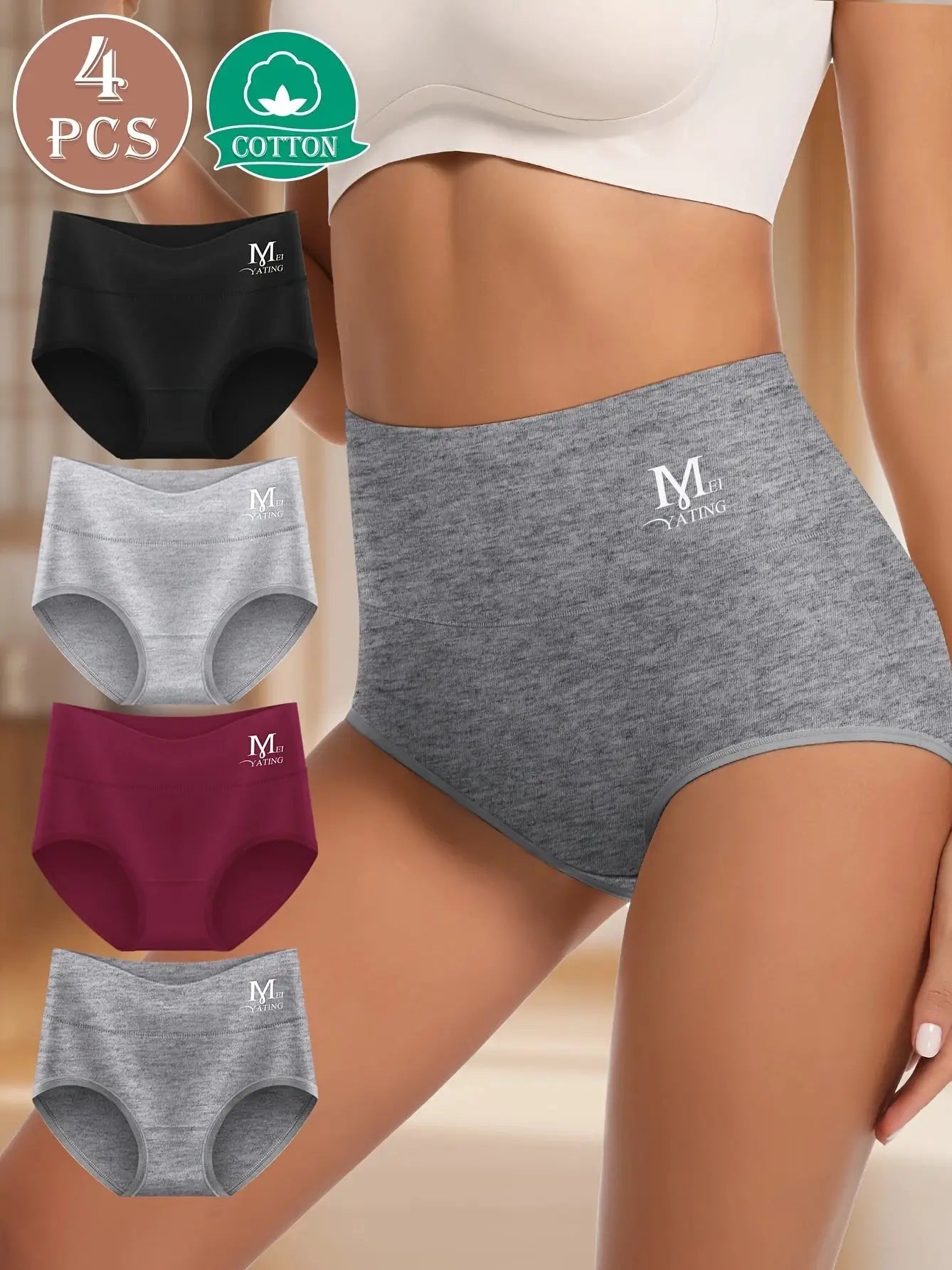 MIOTAN 4-pcs women's high-waisted tummy-control briefs; soft cotton, assorted colors, Simples Market