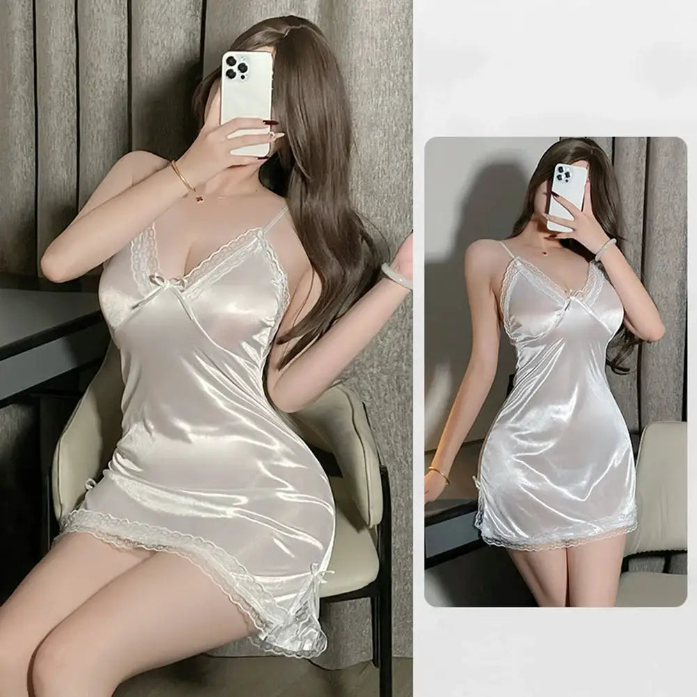 LunaLuxe Satin Nightdress Backless Design Suspender Lingerie Lace Slit Bow Short Nightwear For Intimate Sleepwear
