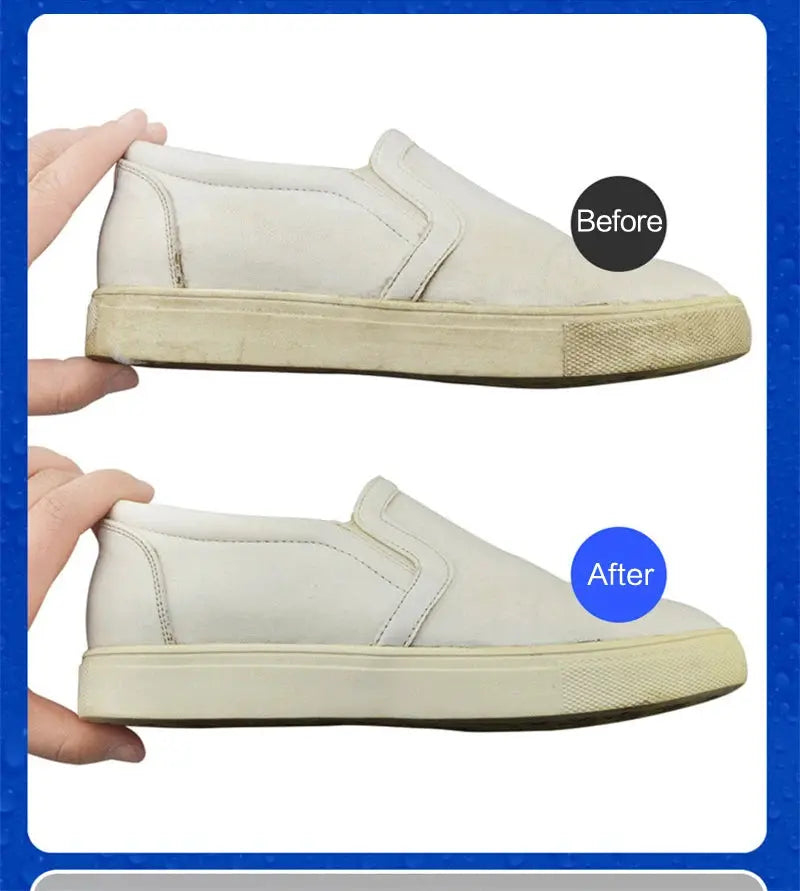 iawesome white shoe cleaner for casual leather shoes and sneakers; before and after cleaning on white footwear