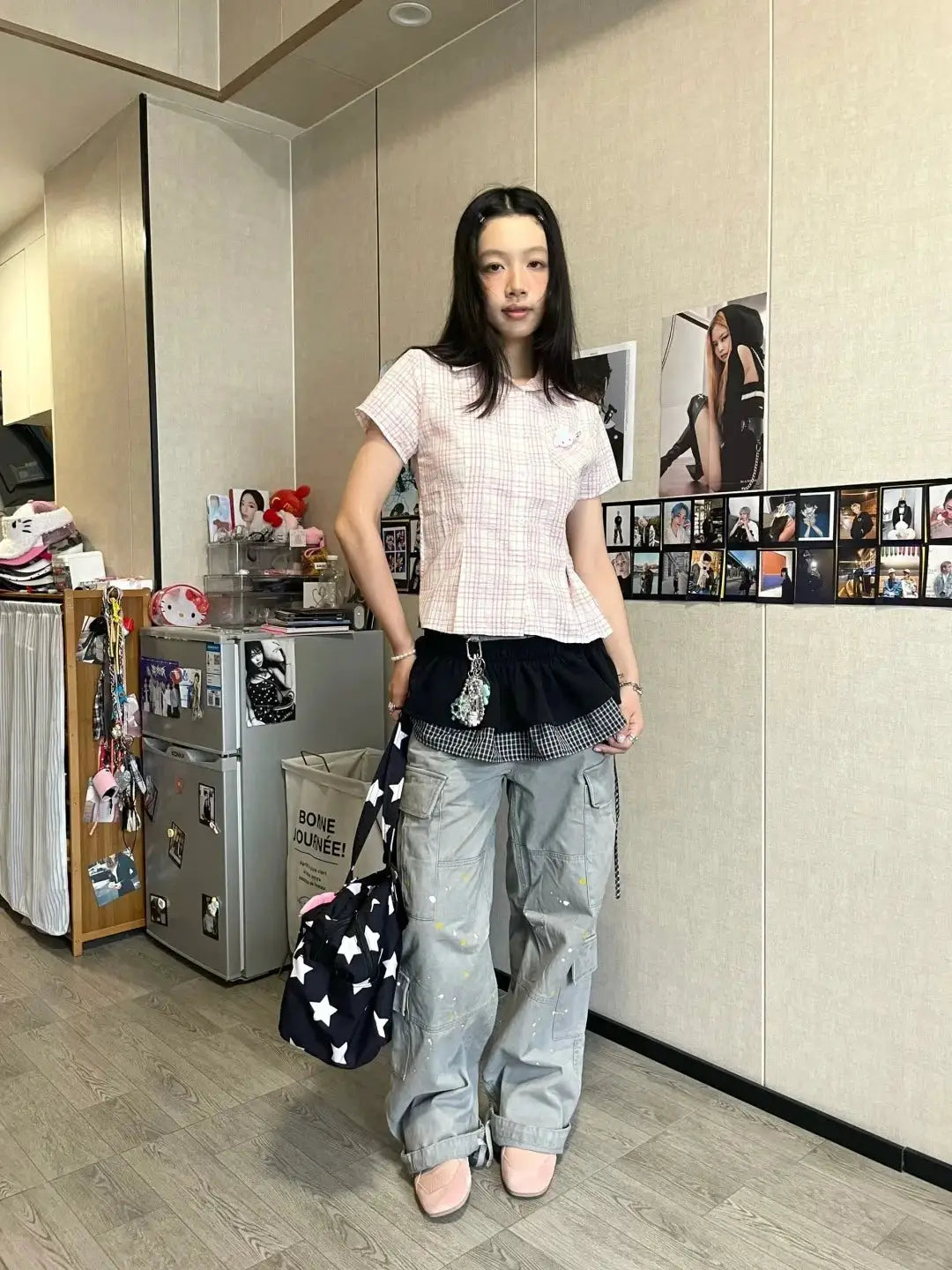 Genayooa Y2k pink plaid short-sleeve shirt with chest pocket, slim vintage blouse