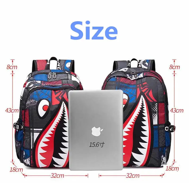 Backpack elementary bookbag by Simples Market; kids' backpacks with cartoon shark print, black with red/blue accents.