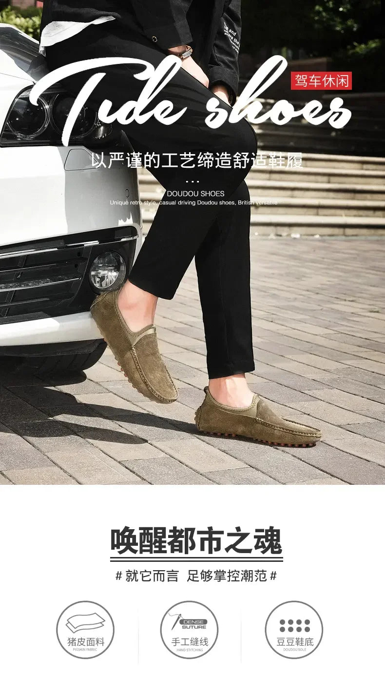 Men's driving loafers in olive suede, handmade casual footwear