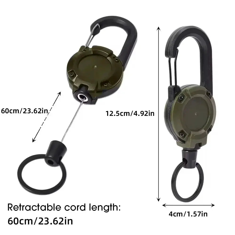 Retractable heavy-duty pull reel carabiner by Simples Market with steel wire rope, olive green key ring attachment