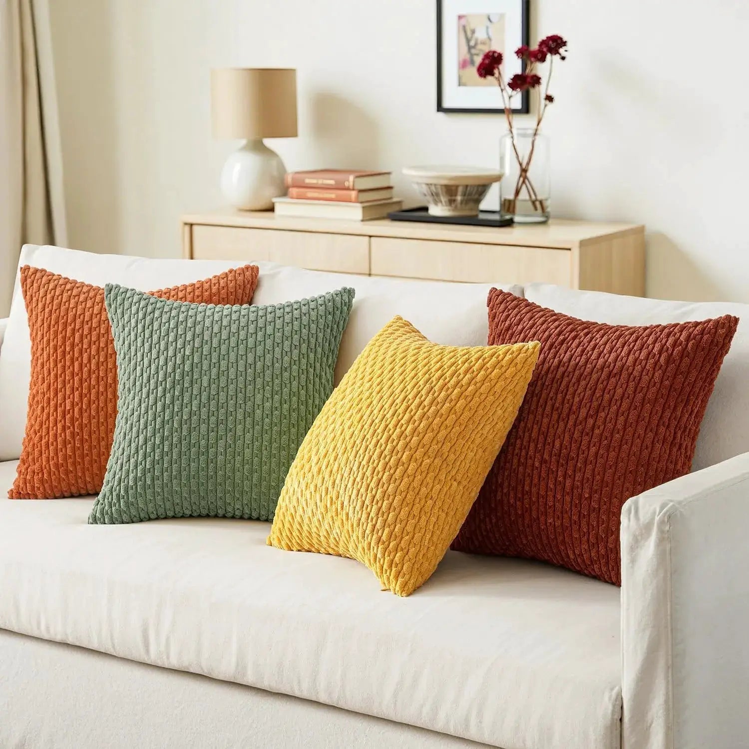 Simples Market corduroy striped throw pillow covers, four 20x20 cushions in green, orange, yellow, and rust on a sofa