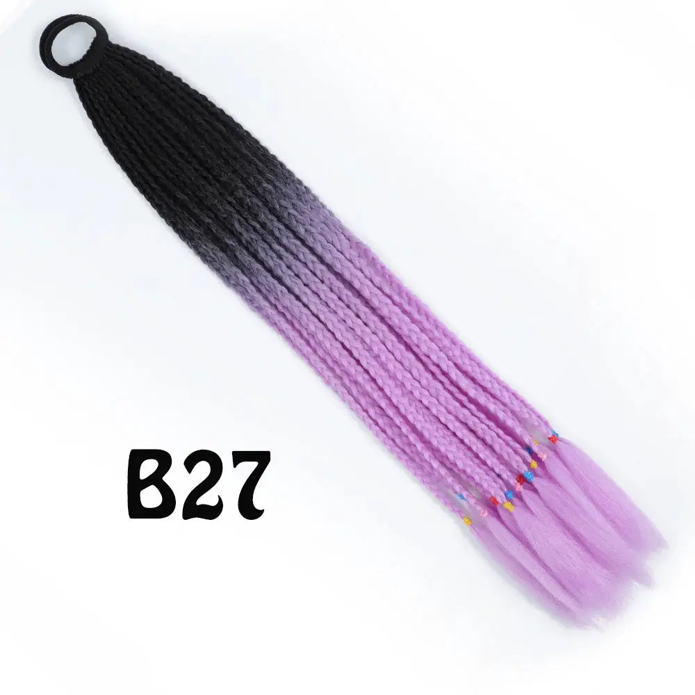 Synthetic gradient rainbow braided ponytail extension, 24in with elastic band, black to pink ombre