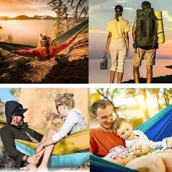 Outdoor Single Camping Hammock by Simples Market nylon parachute fabric; high-strength, portable bed shown in four scenes.