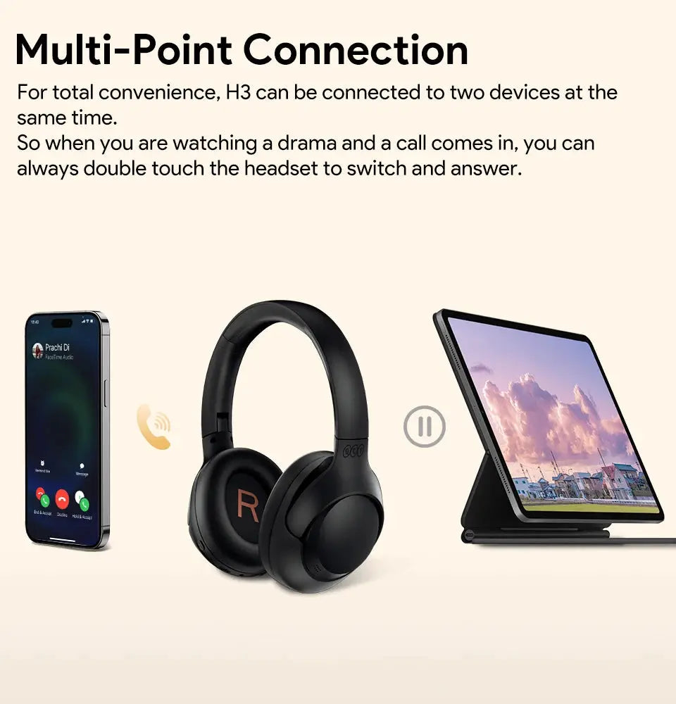 QCY H3 ANC wireless over-ear headphones in black with Bluetooth 5.4 from Simples Market