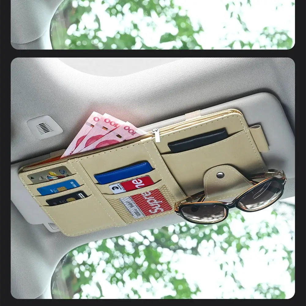 JFBONIN car sun visor organizer in beige faux leather with sunglasses clip, card slots, and a zipper pocket