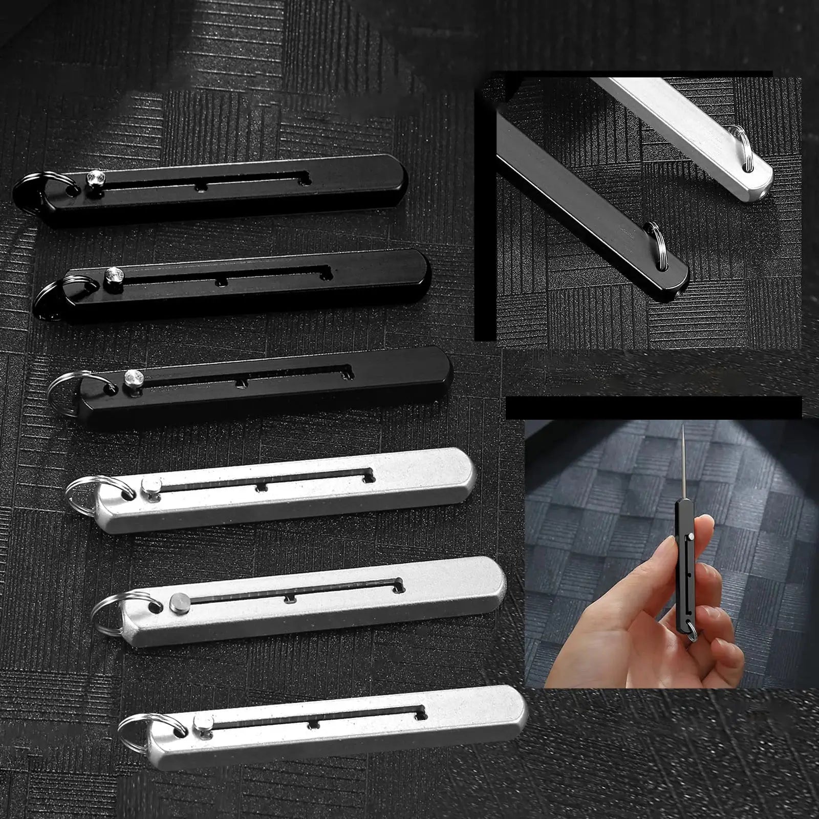 Portable titanium toothpick holder set with key ring by Simples Market; black metal, pocket-sized
