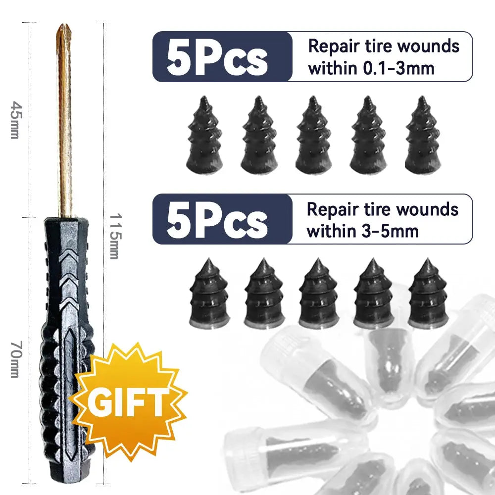 Simples Market car tire puncture repair kit with screwdriver and 10 black rubber plugs (5 for 0.1–3mm, 5 for 3–5mm)