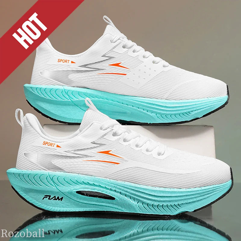 Men's white running sneakers with turquoise air-cushioned midsole; two white shoes
