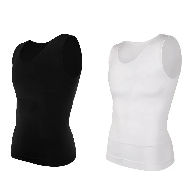 Men's compression shirt set of two in black and white for tummy control and waist shaping