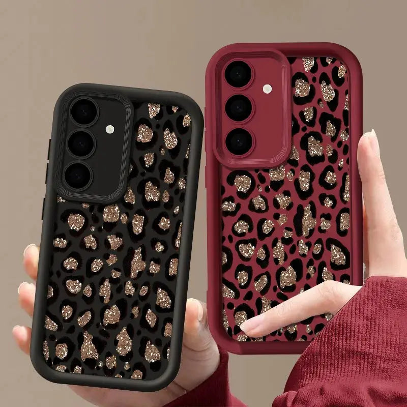 Brown leopard print TPU phone case 2-pack for Samsung Galaxy devices; black and burgundy by Simples Market