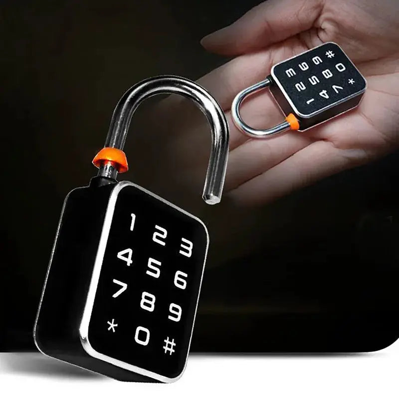Two black mini smart padlocks with numeric keypads and USB charging