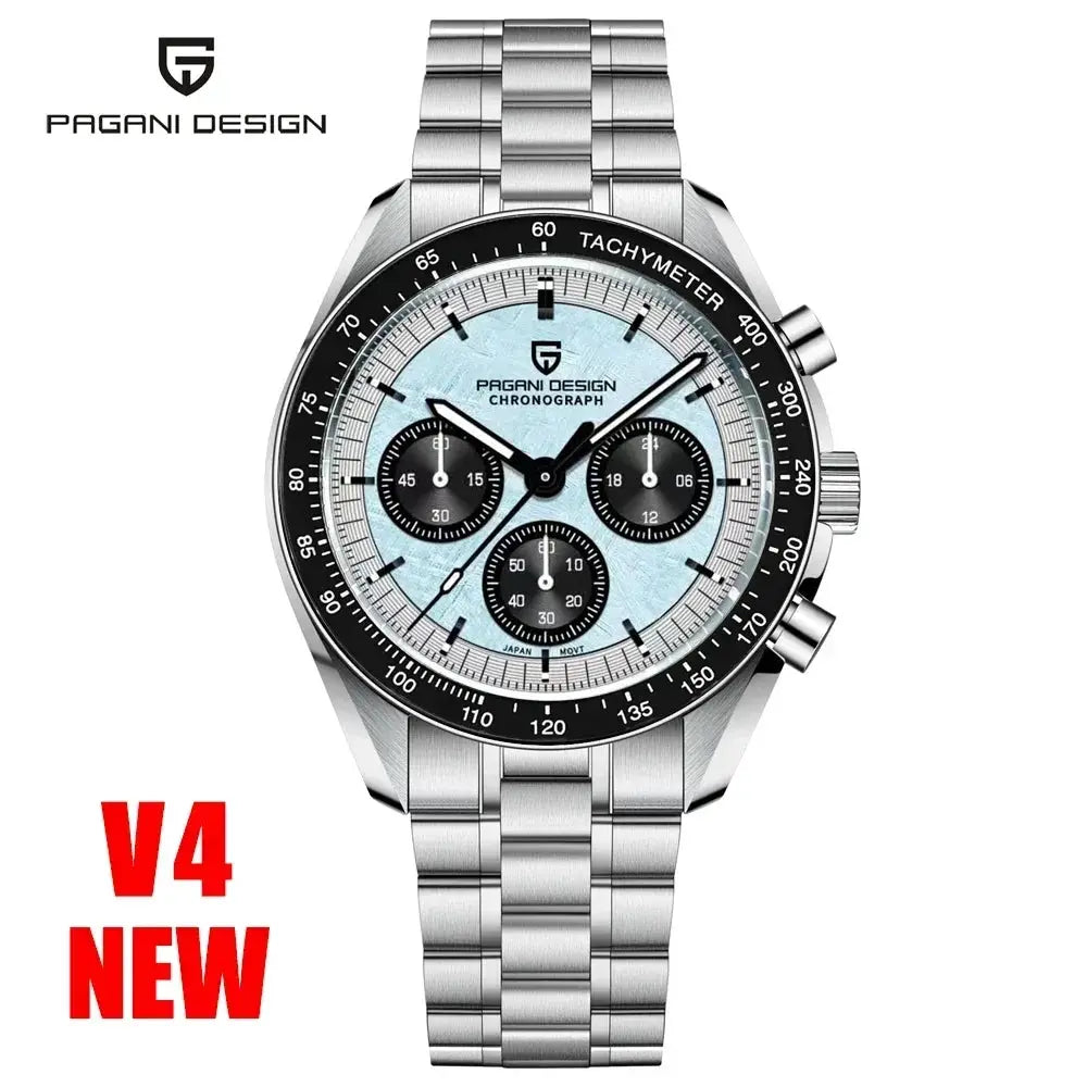 Pagani Design men's chronograph watch with silver stainless steel bracelet and light blue dial