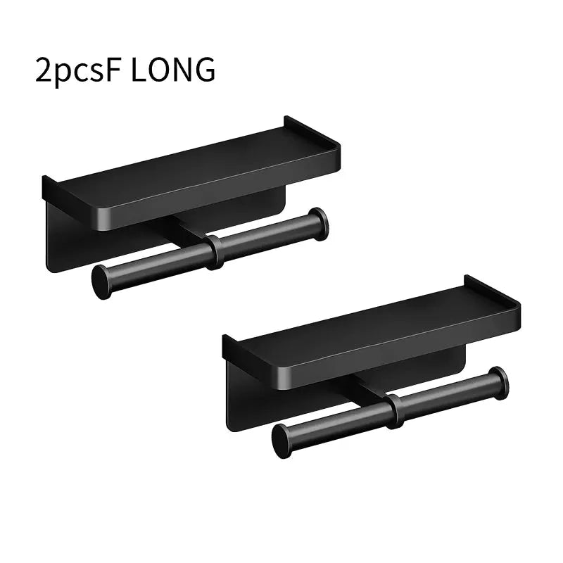 Toilet paper holder with shelf and phone stand, black aluminum alloy, wall-mounted, Simples Market 2-pack