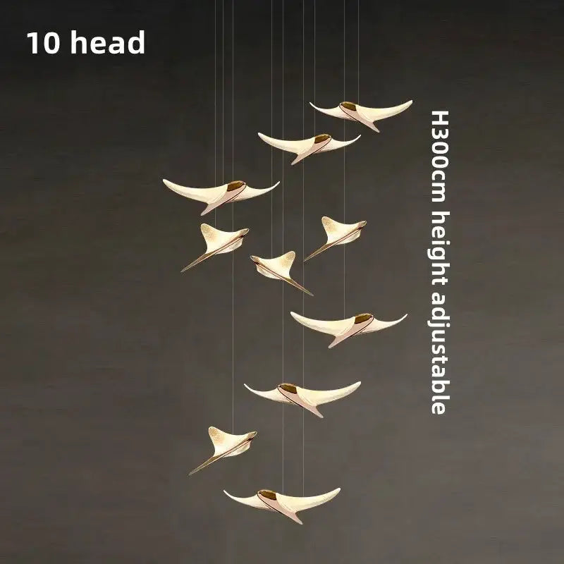 Seagull staircase pendant lamp, 10-head, cream/gold finish, adjustable height 300 cm, Simples Market