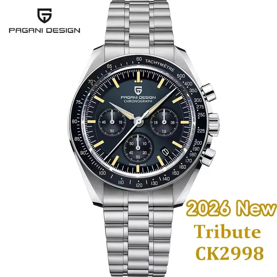 Pagani Design men's chronograph watch with stainless steel bracelet, blue dial and tachymeter bezel