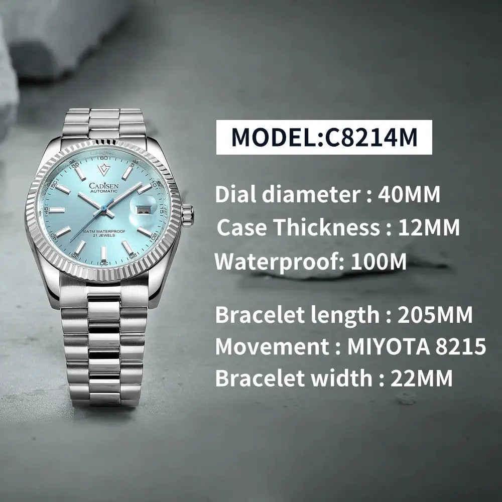 CADISEN stainless steel men's automatic watch with light blue dial, 100M water resistant, MIYOTA 8215