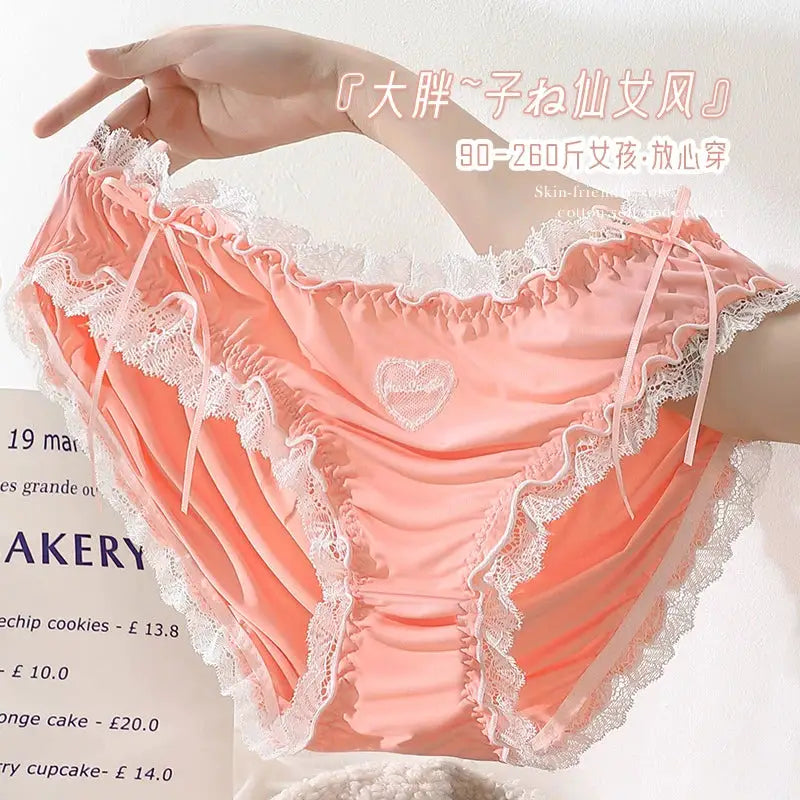 Panties peach-pink lace underwear with white lace trim, heart embroidery, ribbon accents, Simples Market