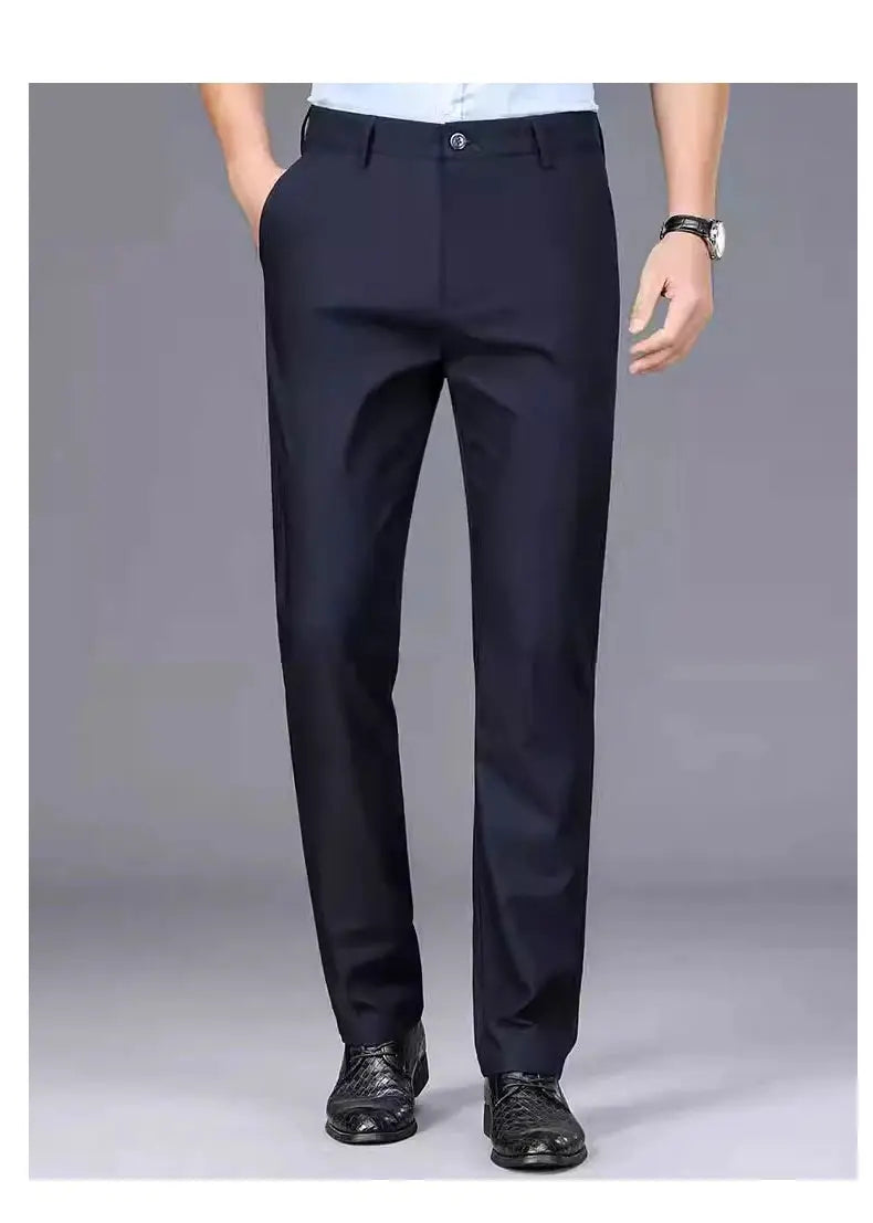 Men's dress pants, black stretch fabric, straight-fit office trousers