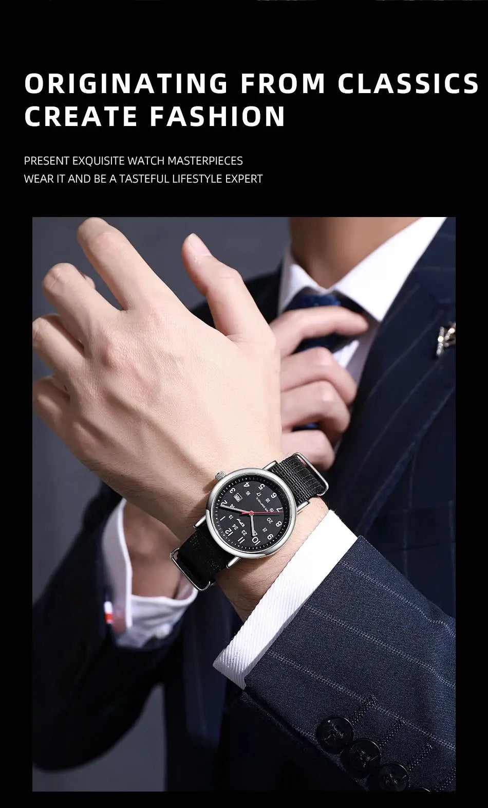 Simples Market TPW field watch with black fabric strap, easy-to-read 24-hour dial and quartz movement