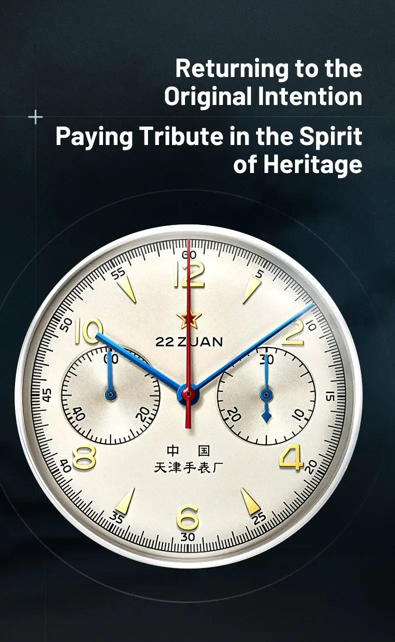 Seagull 1963 International Edition pilot chronograph watch with white dial, gold numerals, blue hands