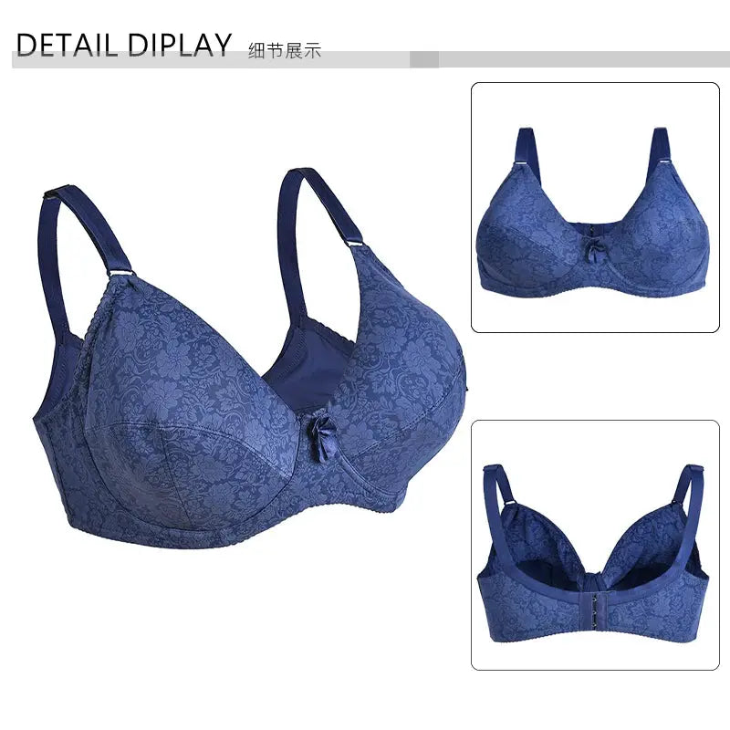 Simples Market blue floral lace DEF-cup bra with padding and underwire, front and back views.