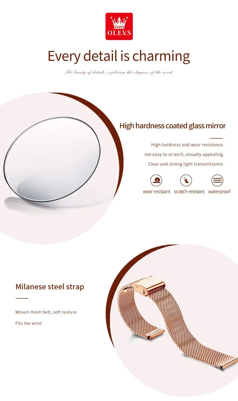 OLEVS women's quartz watch with rose-gold Milanese mesh strap, heart design, waterproof.