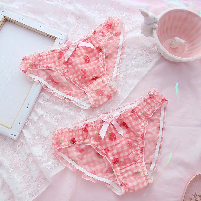 Cute school girl strawberry panties, pink gingham mesh with bow accents, two pairs
