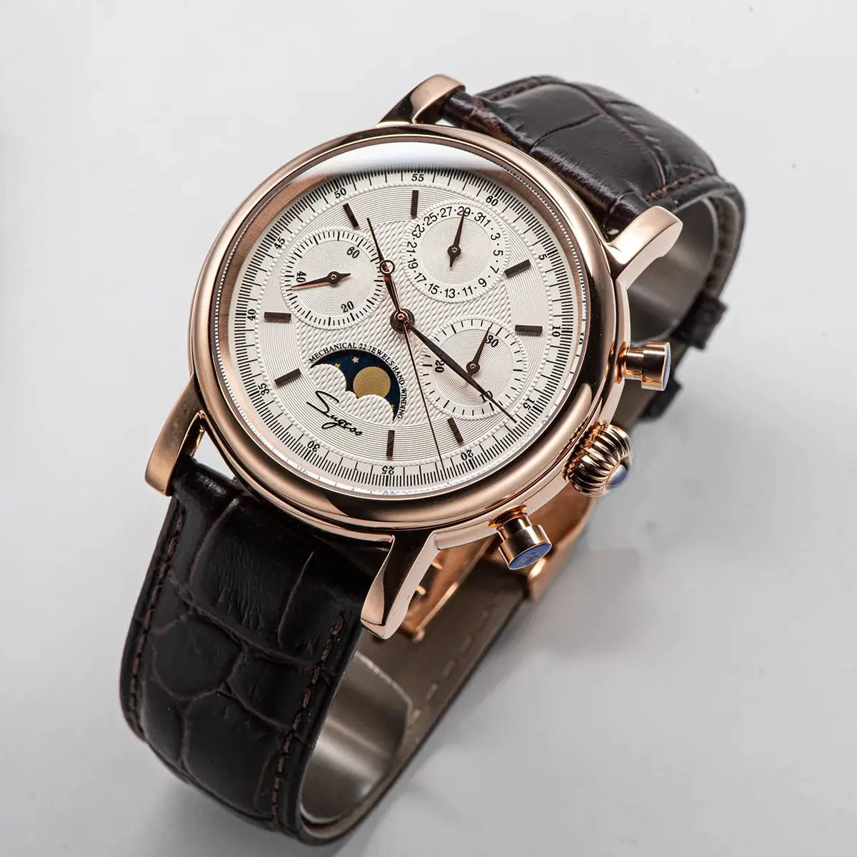 Sugess ST1908 men's mechanical chronograph watch with moonphase, rose-gold case, white dial, black leather strap.