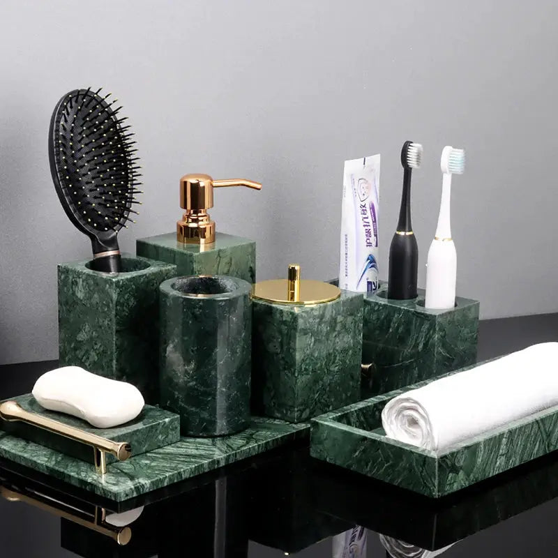 Indian Green Natural Marble bathroom set by Simples Market: soap dispenser, soap dish, toothbrush holder, tissue box.