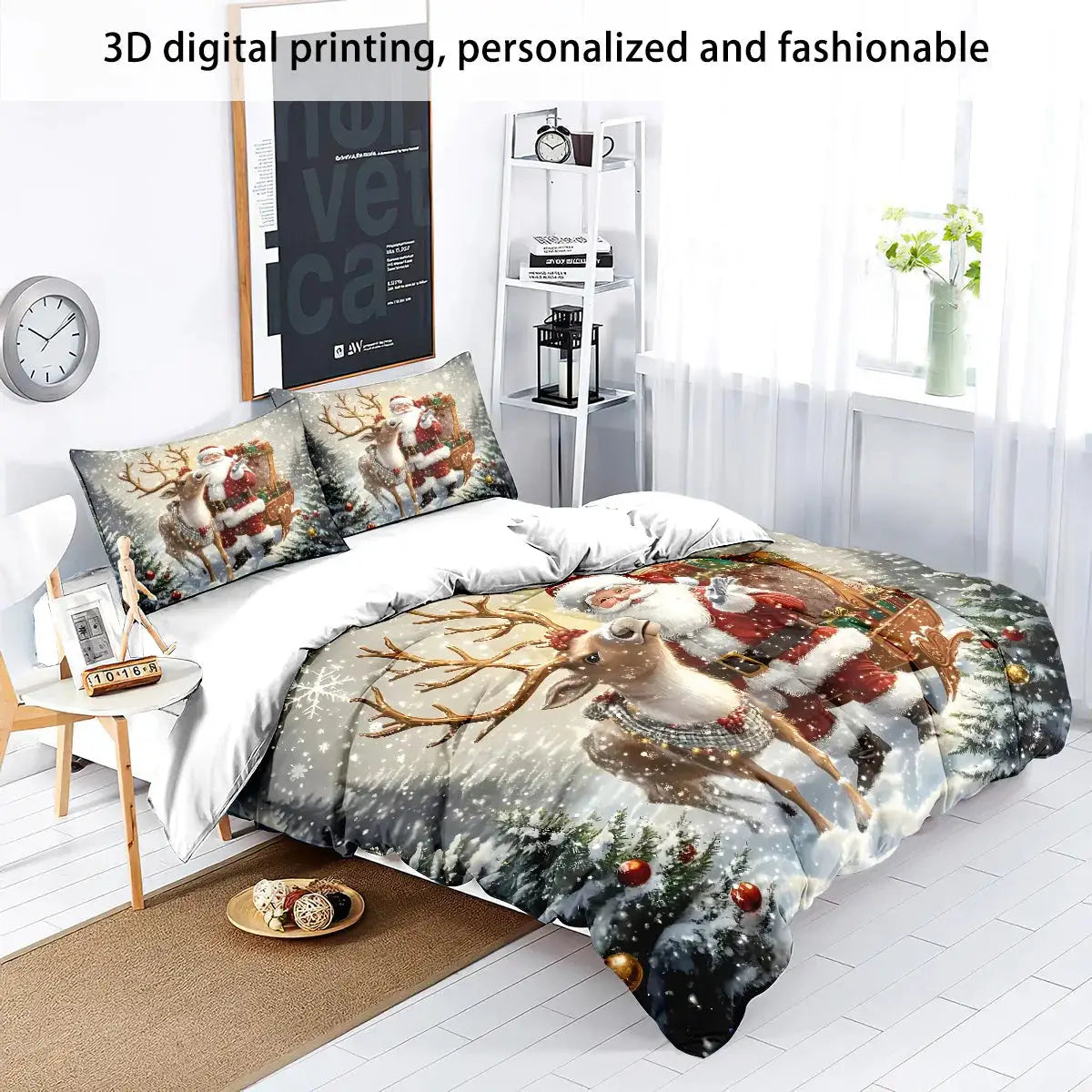 3-piece Santa Claus printed bedding set with reindeer motif, machine washable, available in sizes