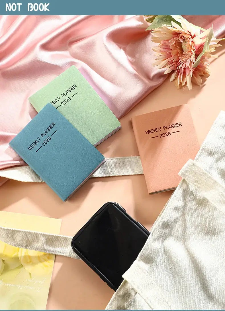 Simples Market A7 Morandi PU weekly planner notebook set of 3 in blue, green, peach; 64 sheets/128 pages, 2026