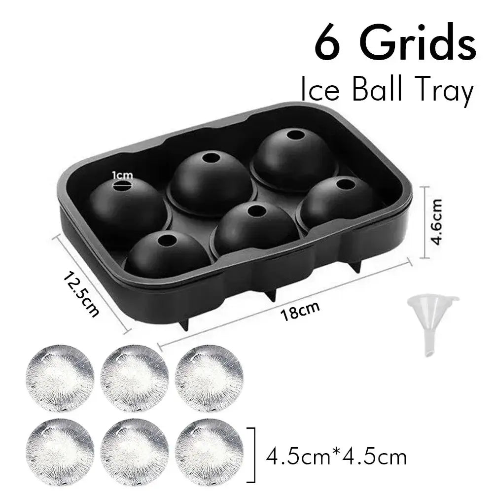 Black silicone 6-grid ice ball tray with lid for whiskey, six cavities