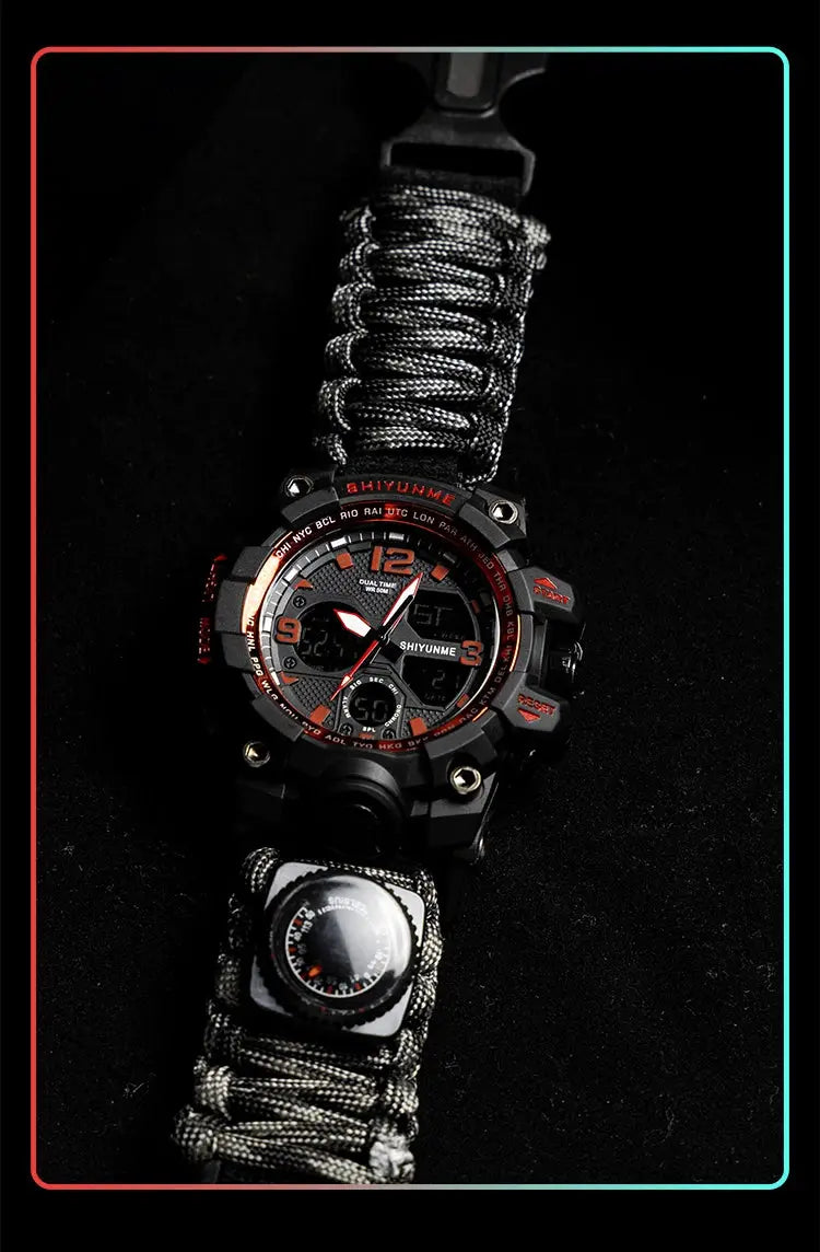 SHIYUNM men's military sports digital watch with compass, black case and orange accents, paracord strap
