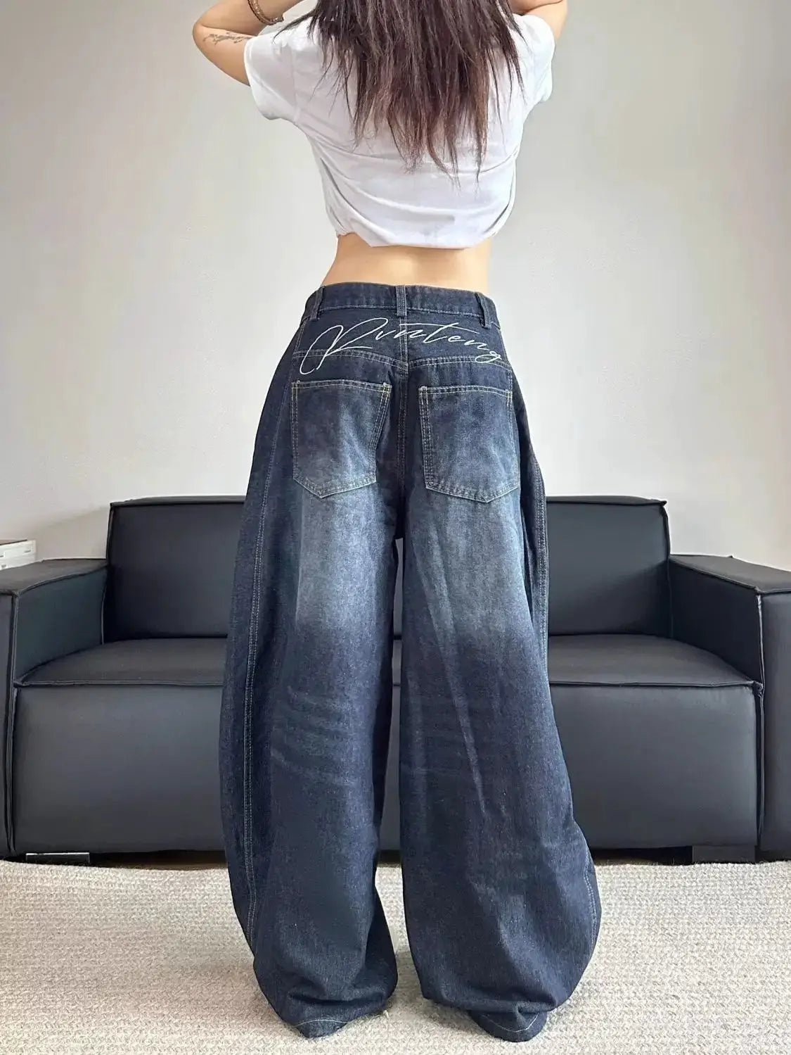 Embroidered Patchwork Denim Jeans for Women Washed Straight Loose Fit