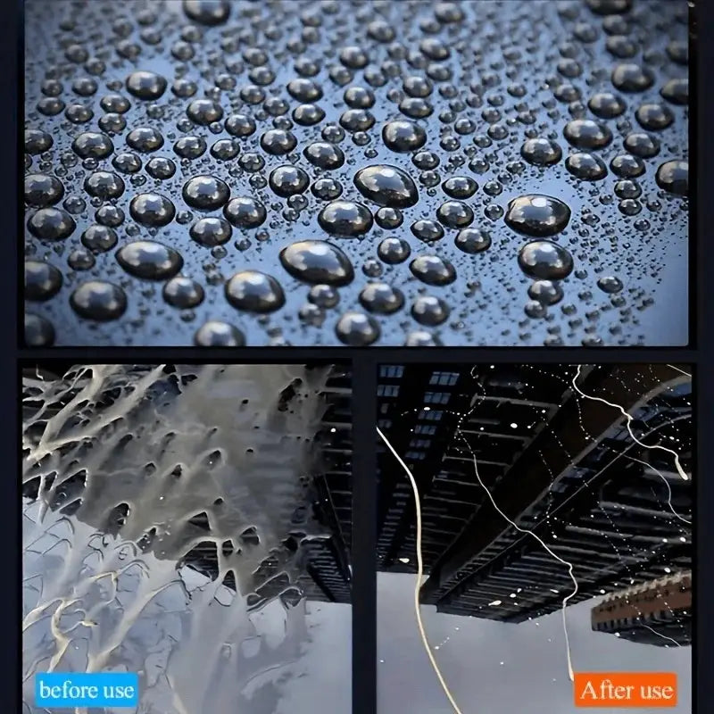 Simples Market Ceramic Nano Polish Wax; 3-panel collage showing water beading on blue car paint before use and after.