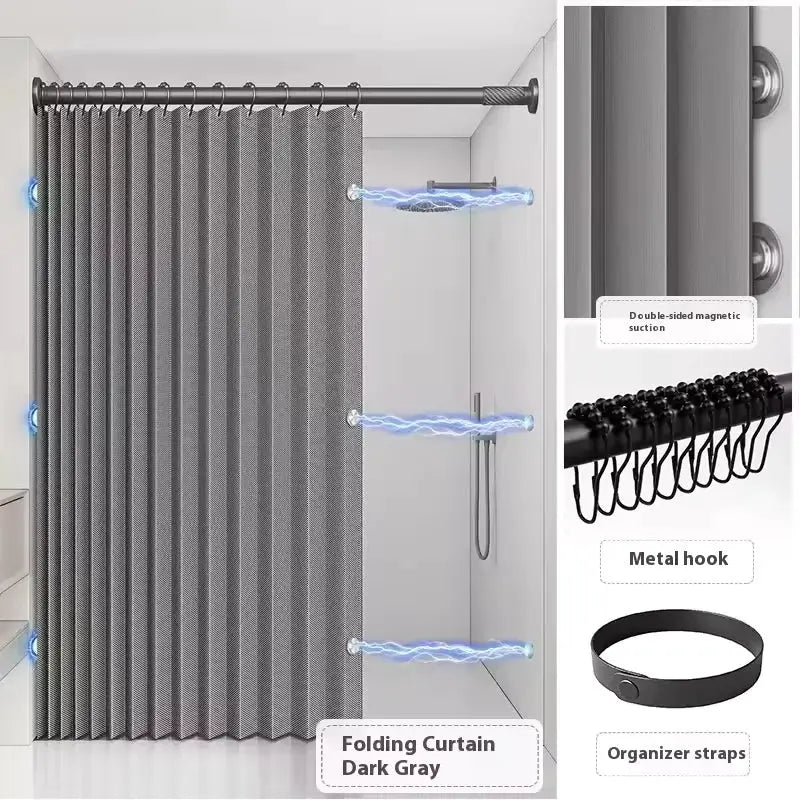 Simples Market magnetic foldable linen bath curtain, dark gray, for walk-in shower, no rod included, with metal hooks