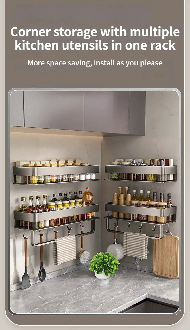 Aluminum kitchen rack wall shelves, pair of no-drill hanging racks for spices and utensils
