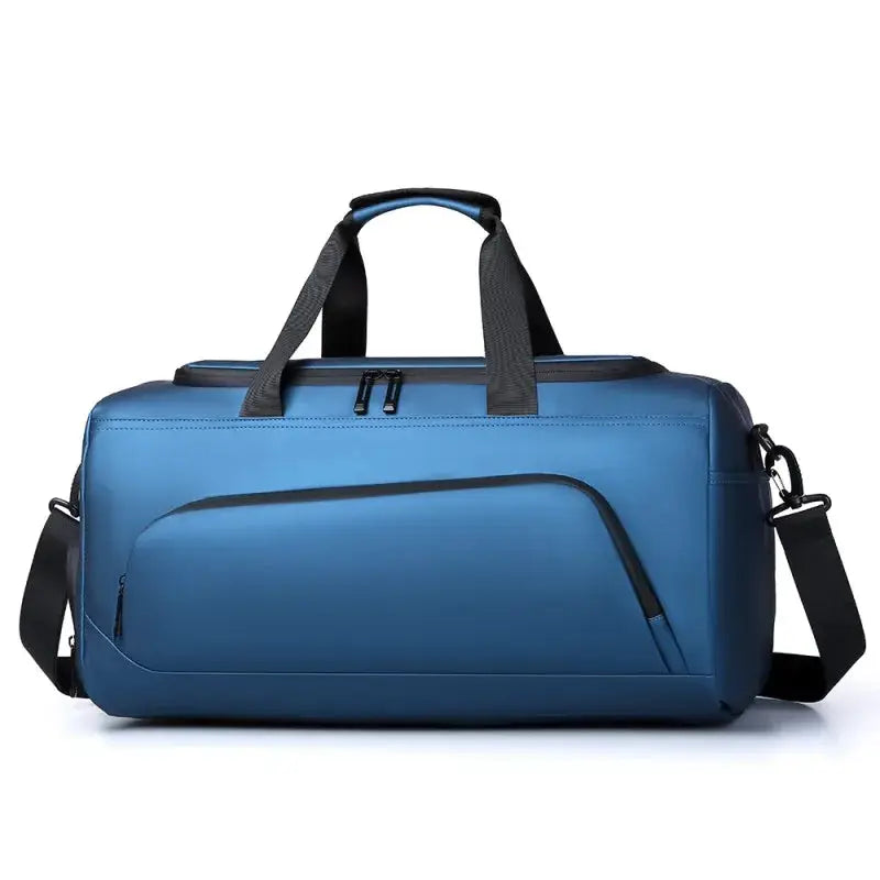 Simples Market blue sports gym duffel bag with top handles, detachable shoulder strap, and front zip pocket