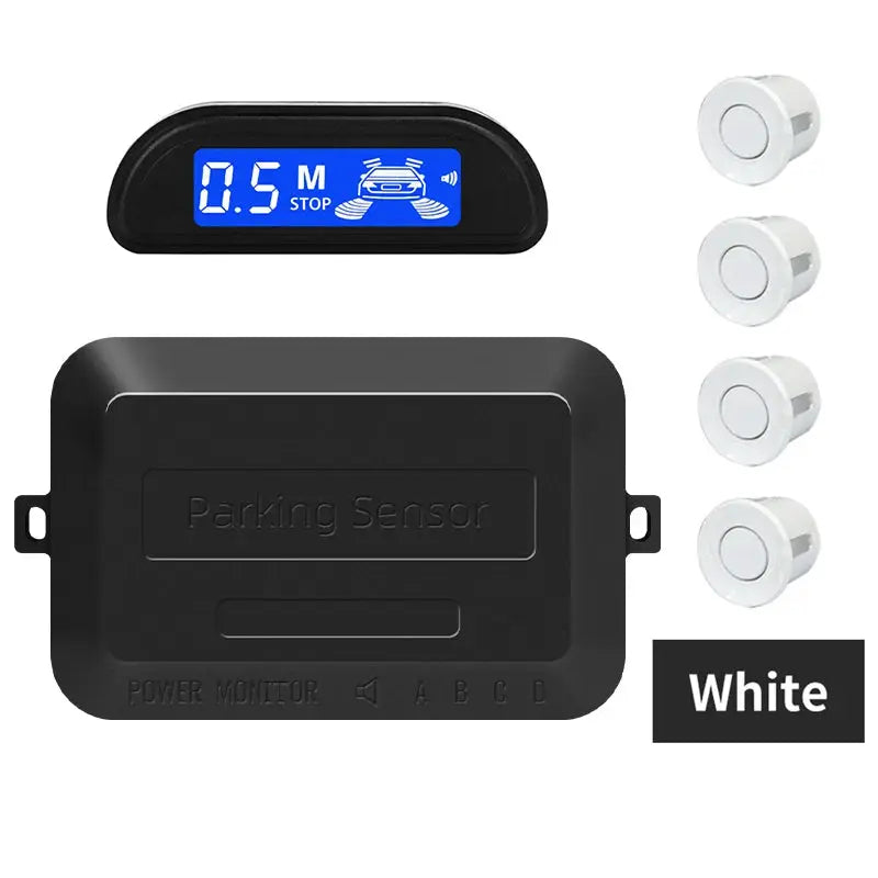 Hippcron car parking sensor kit with 4 white sensors, black controller, and blue backlit display